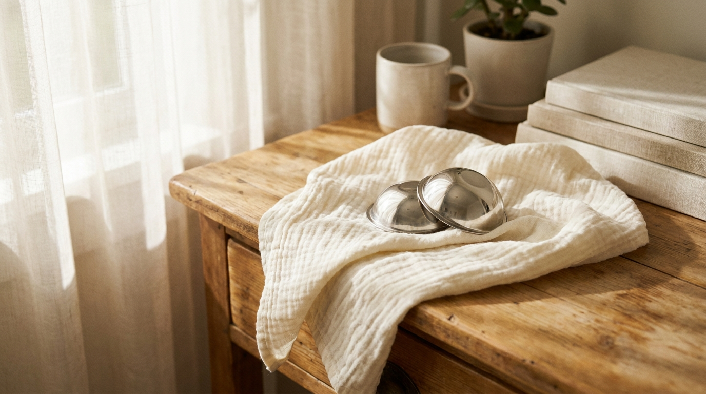 Two silver nursing cups resting on a soft muslin cloth by a sunlit window